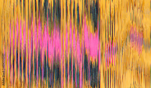 Color glitch noise. Digital artifacts. Transmission error. Orange pink black display defect fuzzy pattern bright abstract banner. photo