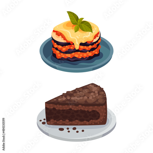 Italian food traditional dishes set. Parmigiana and chocolate cake dessert served on plates vector illustration