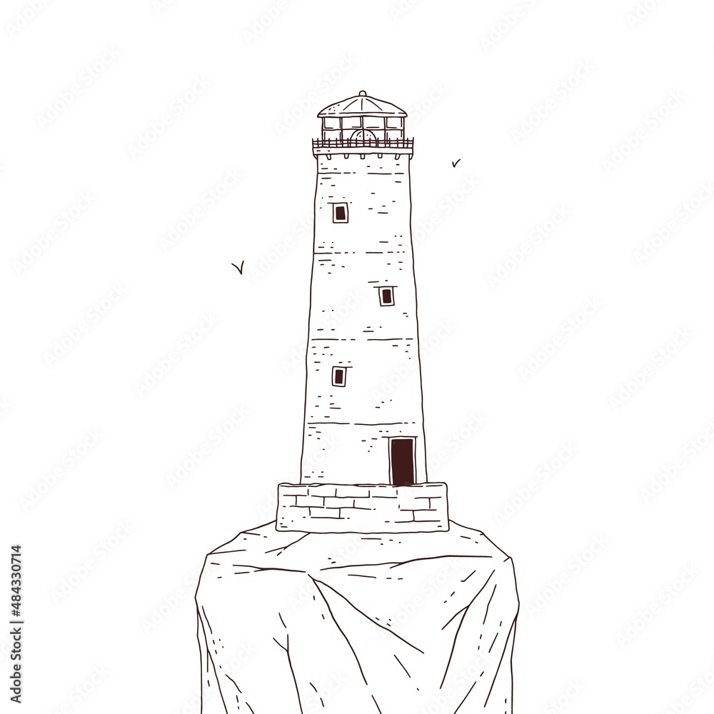 Lighthouse on the rock. Signal tower searchlight vector black white graphic line sketch isolated illustration.