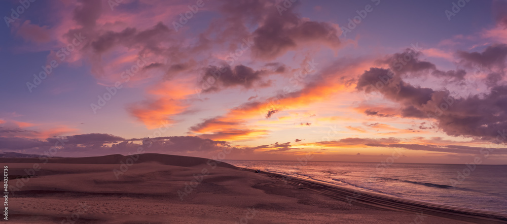 Landscape with Maspalomas sand dunes at sunrise, Gran Canaria, Canary Islands, Spain