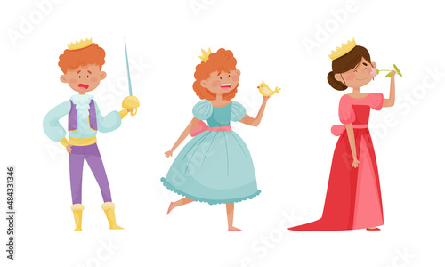  ute little prince and princess set. Adorable happy little boys and girl dressed carnival costumes cartoon vector illustration