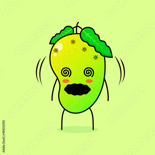cute mango character with dizzy expression and rolling eyes. green and orange. suitable for emoticon, logo, mascot and icon