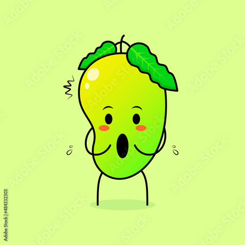 cute mango character with impressed expression and mouth open. green and orange. suitable for emoticon, logo, mascot and icon