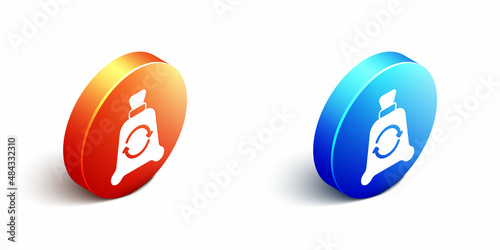 Isometric Garbage bag with recycle symbol icon isolated on white background. Trash can icon. Recycle basket sign. Orange and blue circle button. Vector