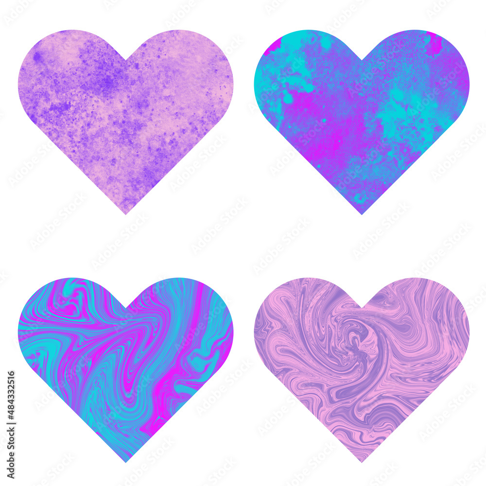 Hearts with cute color illustration textures isolated on white background. Love, the symbol of Valentine's Day.
