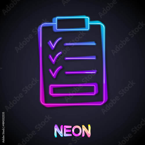 Glowing neon line Clipboard with checklist icon isolated on black background. Control list symbol. Survey poll or questionnaire feedback form. Vector