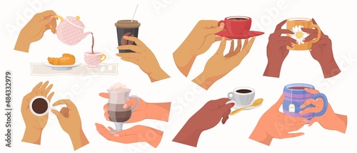 Women hands holding tea cups and coffee mugs, vector isolated illustration. Hot drinks to warm up.