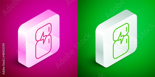 Isometric line Refrigerator icon isolated on pink and green background. Fridge freezer refrigerator. Household tech and appliances. Silver square button. Vector