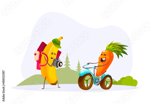 Funny fruits and vegetables cartoon character. Tourist banana with camera and backpack photographs carrot riding bicycle.