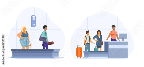 Passengers putting suitcases and bags on luggage airport carousel baggage scanning checkpoint