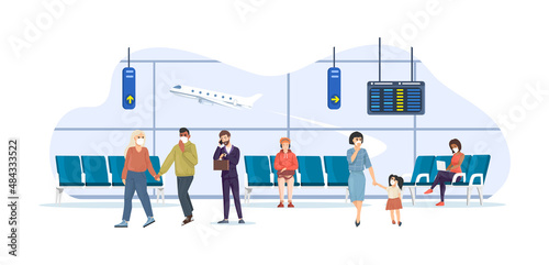 People at airport terminal during coronavirus pandemic. Business travel vacation vector flat photo