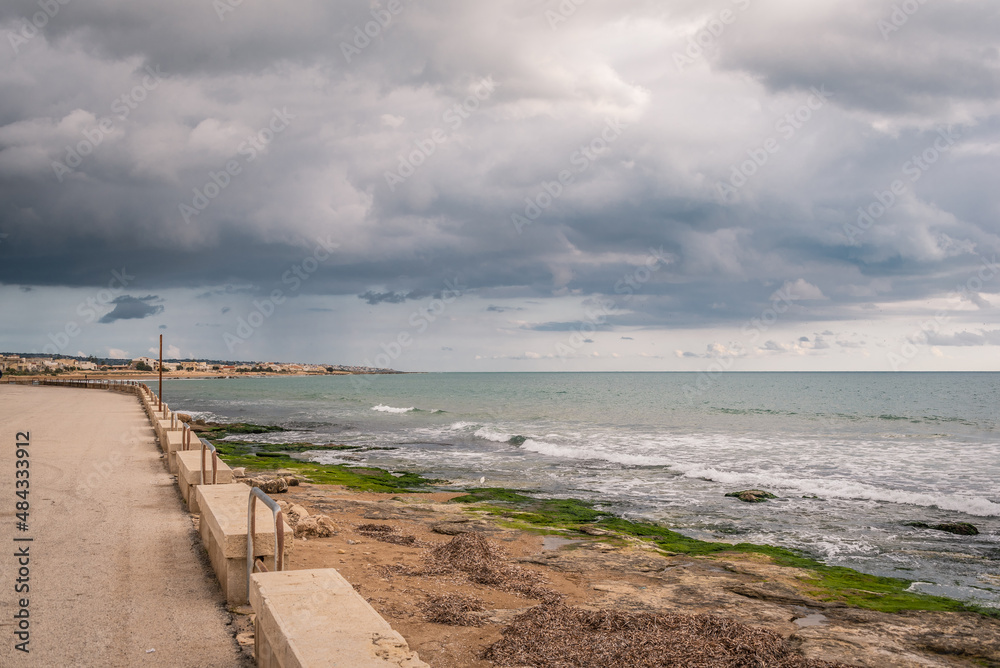 Panorama of Mediterranean Sea from Donnalucata Promenade, Scicli, Ragusa, Sicily, Italy, Europe
