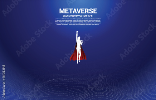 Vector Silhouette of businessman flying from Digital Contour curve dot and line and wave with wireframe . Concept for metaverse and VR technology .