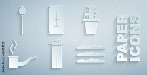 Set Lighter, Cactus peyote in pot, Smoking pipe, Cocaine or heroin drug, Blade razor and Opium poppy icon. Vector