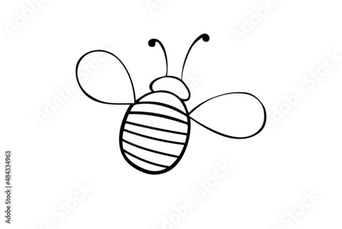 Vector black outline fat little bee in doodle style. Cute cartoon honey insect. Top view. Clipart, design element on theme of nature, spring, summer, isolated