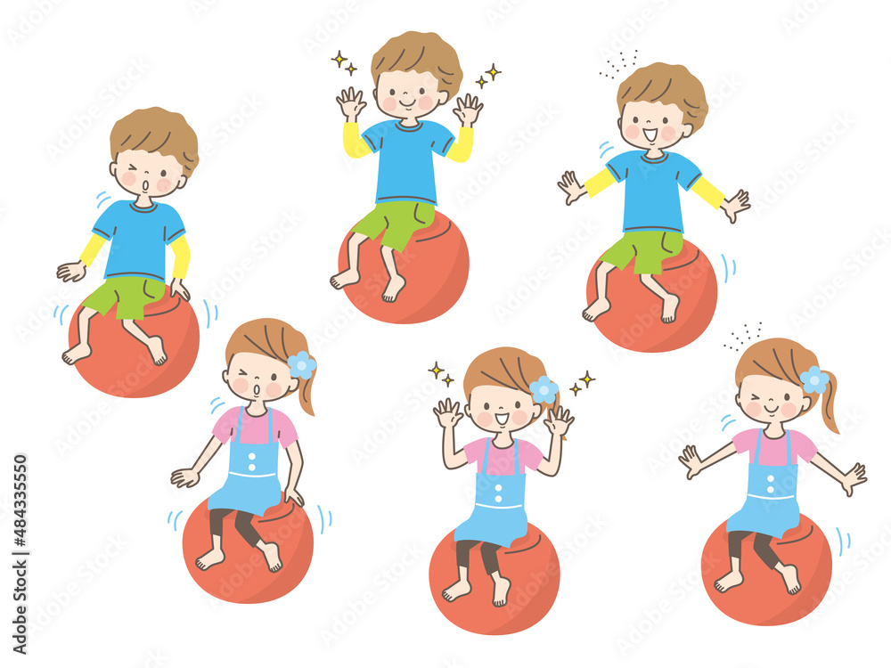 バランスボールに乗る男女の子ども達のイラスト素材セット Stock Vector Adobe Stock