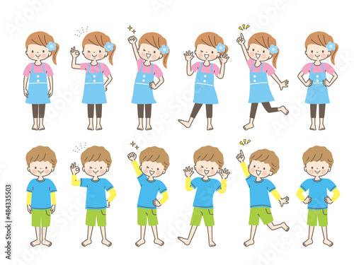 体操する男女の子ども達のイラスト素材セット