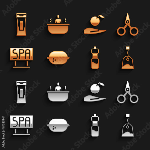 Set Lemon, Scissors, Tea bag, Bottle of water, Spa salon signboard, Apple in hand, shampoo and Bathtub icon. Vector