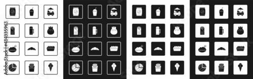 Set Fast street food cart, Thermos container, Doner kebab, Bag or packet potato chips, Khinkali cutting board, Milkshake, Chicken nuggets box and Rice bowl with chopstick icon. Vector