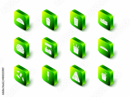 Set Milkshake, Paper glass with straw, Stack of pancakes, Bread loaf, Asian noodles and chopsticks, Chicken leg in package box, Onigiri and Fried sausage icon. Vector