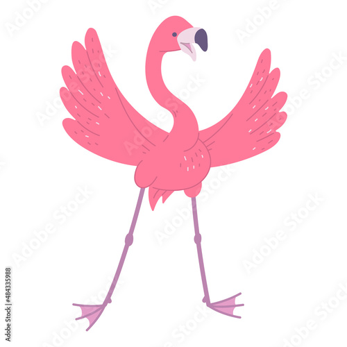 Cute happy pink flamingo. African bird cartoon flat illustration.