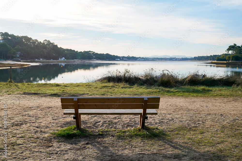 bench wooden empty on lake hossegor in landes france