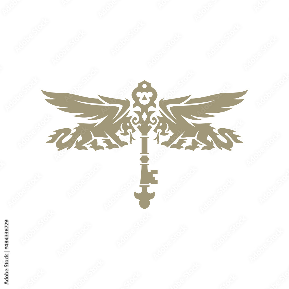 Dragonfly with Lion and Gold Key Logo Dragonfly with Lion and Gold Key Logo
