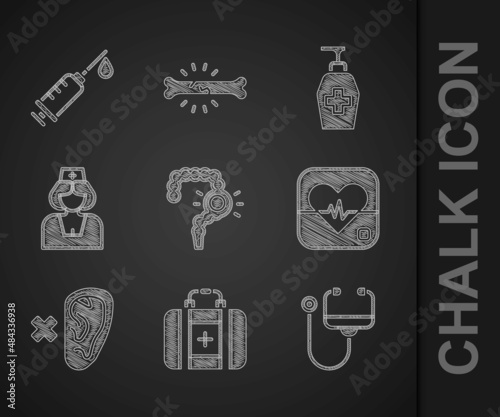 Set Gut constipation, First aid kit, Stethoscope, Heart rate, Deaf, Nurse, Liquid antibacterial soap and Syringe icon. Vector