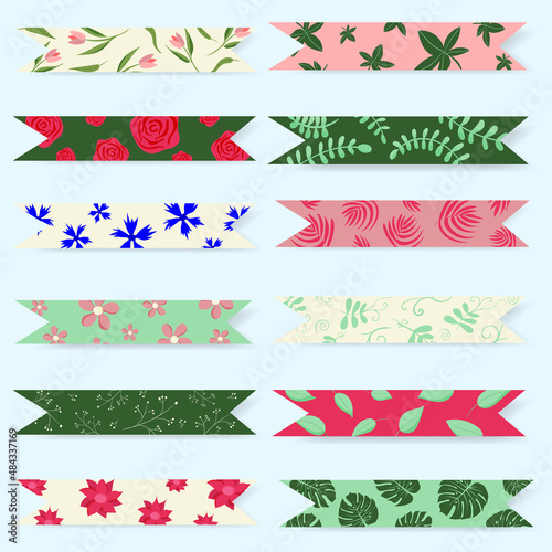 Set of colorful patterned washi tape strips with with a delicate feminine floral pattern.