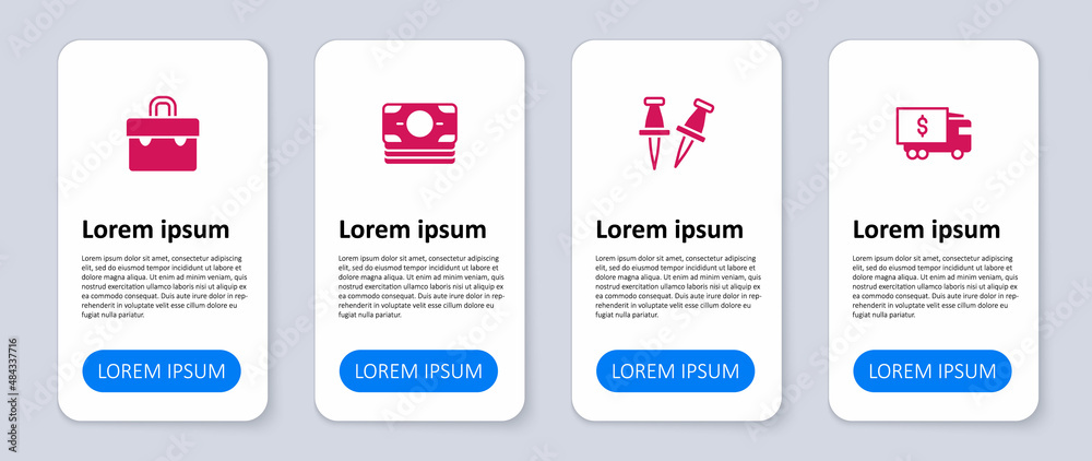 Obraz premium Set Armored truck, Push pin, Stacks paper money cash and Briefcase. Business infographic template. Vector