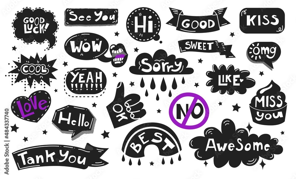 Set stickers with Quotes and phrases for paper mail, diary or notebook decor. Dialog words WOW, Like, Kiss. Hand drawn sketch doodle style. Chat, mail  and message elements. Vector illustration.