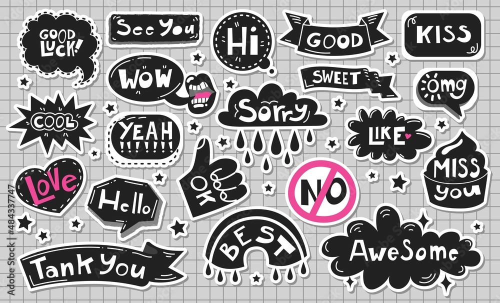 Set stickers with Quotes and phrases for paper mail, diary or notebook decor. Dialog words WOW, Like, Kiss. Hand drawn sketch doodle style. Chat, mail  and message elements. Vector illustration.