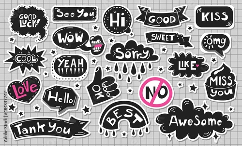 Set stickers with Quotes and phrases for paper mail, diary or notebook decor. Dialog words WOW, Like, Kiss. Hand drawn sketch doodle style. Chat, mail and message elements. Vector illustration.