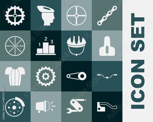 Set Bicycle brake, handlebar, seat, wheel, Award over sports winner podium, sprocket crank and helmet icon. Vector