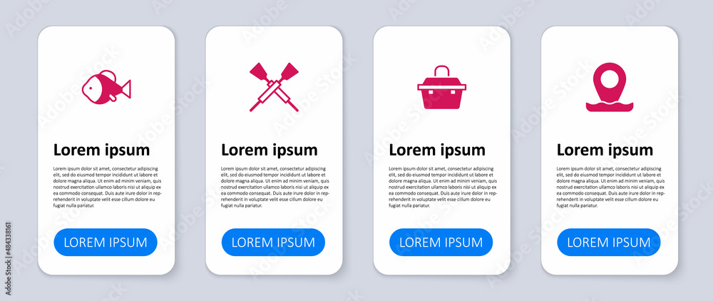 Set Location fishing, Case or box for equipment, Crossed oars paddles boat and Fish. Business infographic template. Vector Set Location fishing, Case or box for equipment, Crossed oars paddles boat and Fish. Business infographic template. Vector