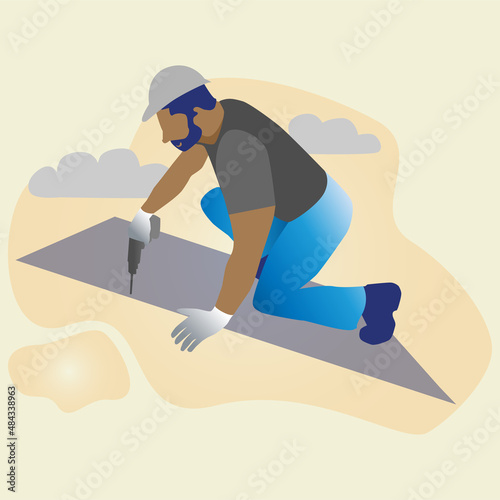 A man with a helmet repairs a roof.