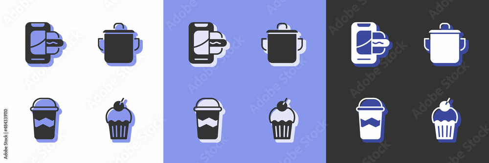 Set Muffin, Food ordering on mobile, Coffee cup to go and Cooking pot icon. Vector Set Muffin, Food ordering on mobile, Coffee cup to go and Cooking pot icon. Vector