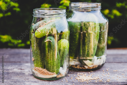 Homemade pickled cucumber into bottling jars photo