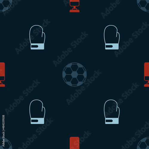 Set Punching bag, Soccer football ball and Boxing glove on seamless pattern. Vector