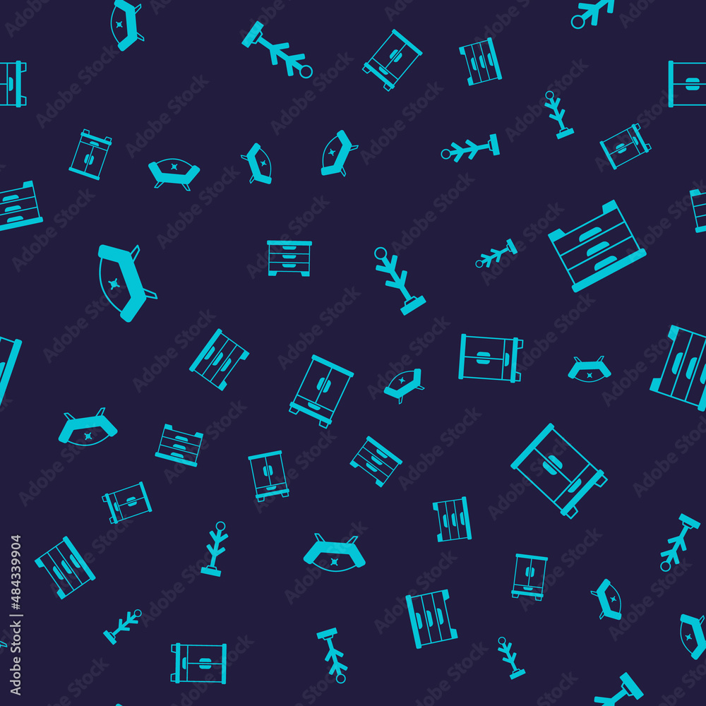 Set Sofa, Chest drawers, Coat stand and Wardrobe on seamless pattern. Vector Set Sofa, Chest drawers, Coat stand and Wardrobe on seamless pattern. Vector
