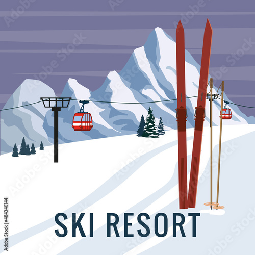 Mountain vintage winter resort village Alps, Switzerland. Snow landscape peaks, slopes with red gondola lift, with wooden old fashioned skis and poles. Travel retro poster