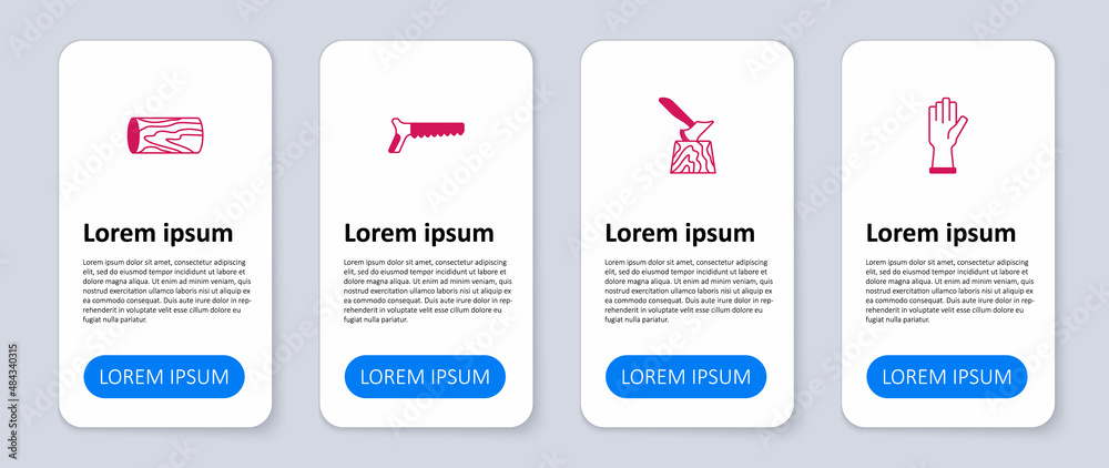 Set Protective gloves, Wooden axe in stump, Hand saw and log. Business infographic template. Vector Set Protective gloves, Wooden axe in stump, Hand saw and log. Business infographic template. Vector