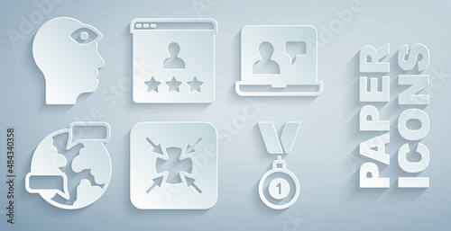 Set Target, Online education, Worldwide, Medal, Customer product rating and Man with third eye icon. Vector