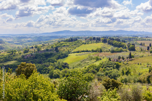 View of a valley with rolling hills in Tuscany in Italy