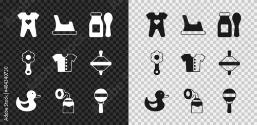 Set Baby clothes, potty, Yogurt in bottle with spoon, Rubber duck, Breast pump, Rattle baby toy, and t-shirt icon. Vector