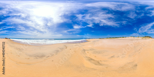 Sandy beach and blue ocean. Wisky point beach  Pottuvil  Sri Lanka. 360 panorama VR.