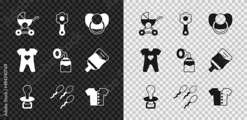 Set Baby stroller, Rattle baby toy, dummy pacifier, Sperm, t-shirt, clothes and Breast pump icon. Vector