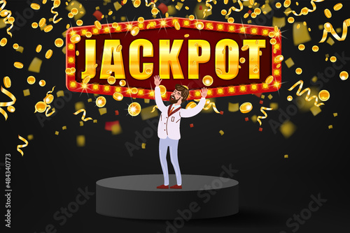 Winner man Jackpot shining banner podium winner falling gold coins confetti. Round stage pedestal fo award ceremony. Vector illustration