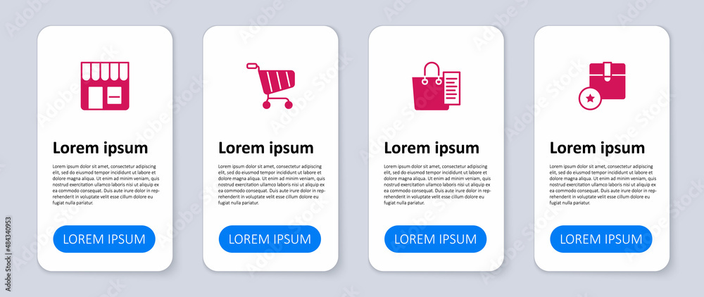 Set Carton cardboard box, Shopping list, cart and Market store. Business infographic template. Vector Set Carton cardboard box, Shopping list, cart and Market store. Business infographic template. Vector