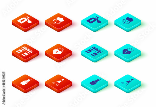 Set Lipstick, Eiffel tower, Triumphal Arch, Castle in the shape of heart, Cook and Perfume icon. Vector